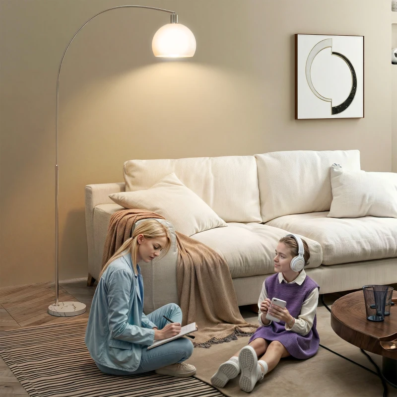 HOMCOM Lampada da terra curva con interruttore a pedale e base in marmo, bianco