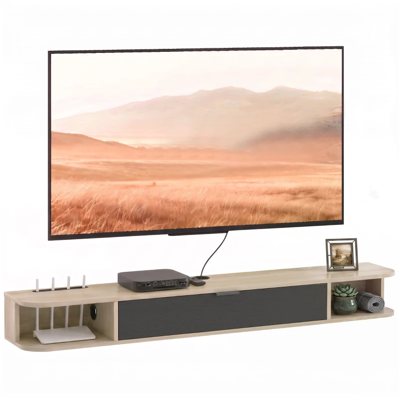HOMCOM Hängendes TV-Möbel, TV-Möbel für Fernseher bis zu 152,4 cm (60 Zoll), Klappschublade 2 Ablagen 140x24x16cm Naturholz
