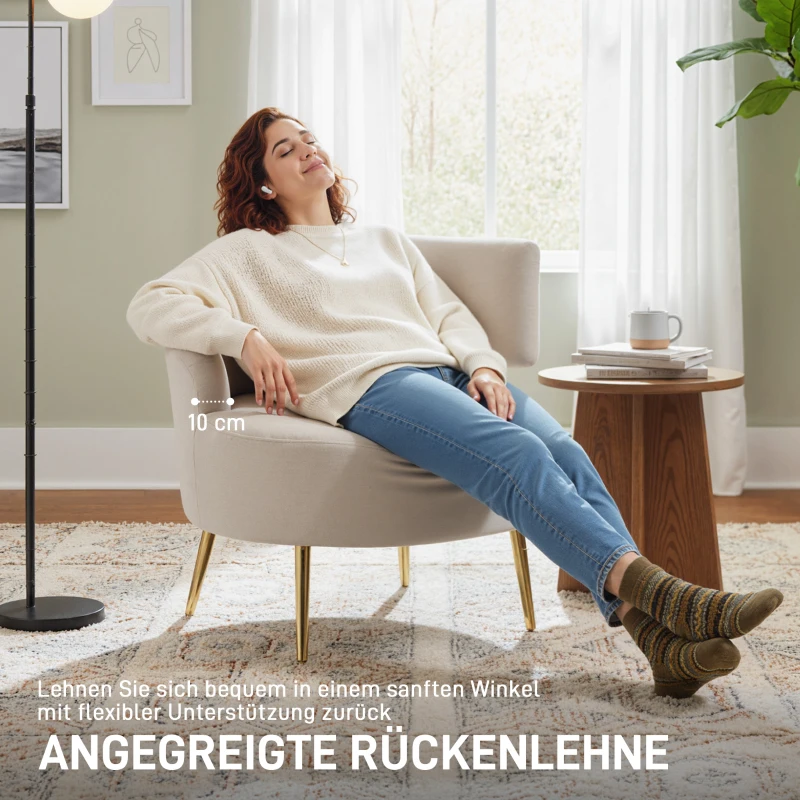 HOMCOM Loungefauteuil van chenille met schuine rugleuning en goudkleurige stalen poten voor woonkamer, crèmewit