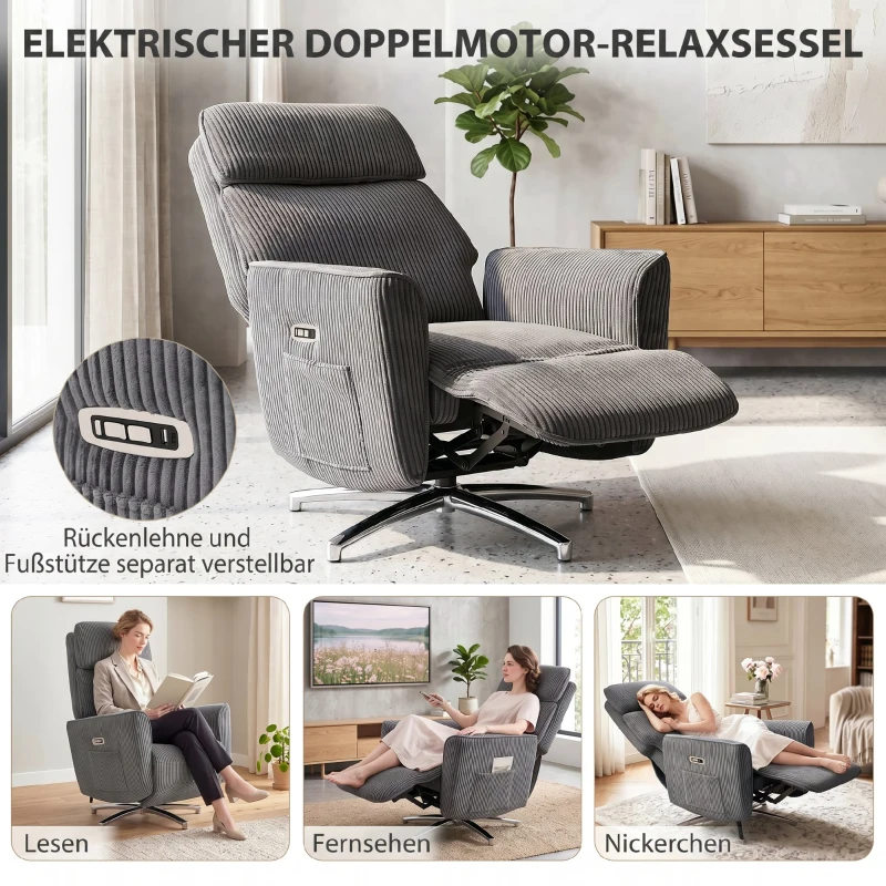 HOMCOM Relaxsessel Elektrisch Verstellbar Fernsessel mit Liegefunktion, 2 Motoren Drehbar TV Sessel mit USB-Anschluss