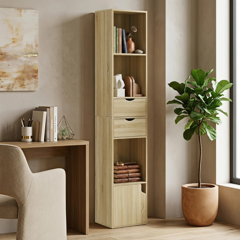 HOMCOM Regal mit 6 Fächern, Schublade, Tür, offene Regalböden, 30x24x158 cm, Eiche