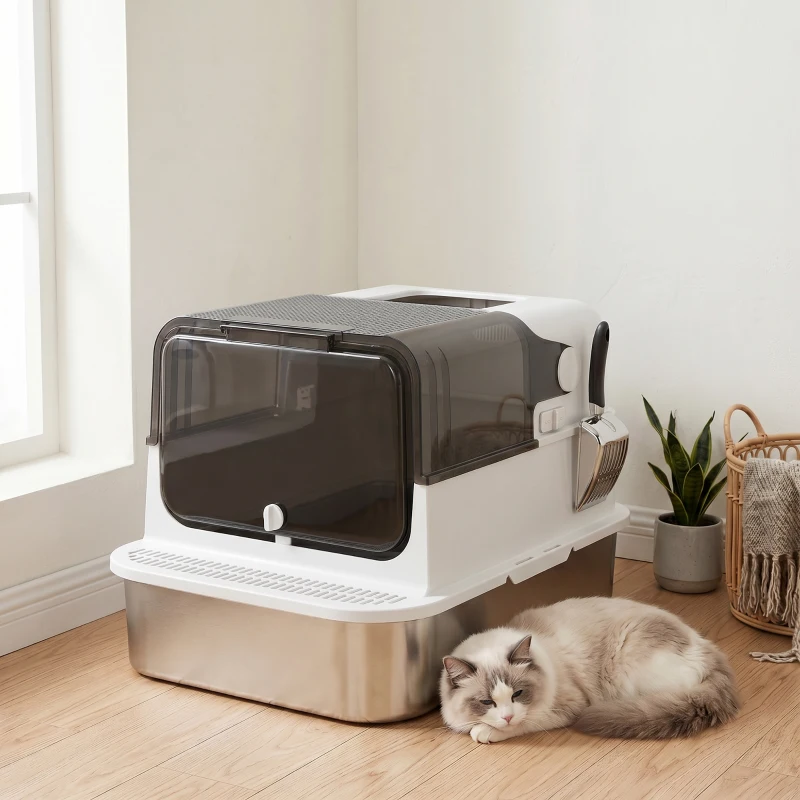 PawHut XXL kattenbak van roestvrij staal met deksel, 72 l, voor grote katten en meerdere katten, met dubbele deuren, schep, opstap en lekvrij ontwerp