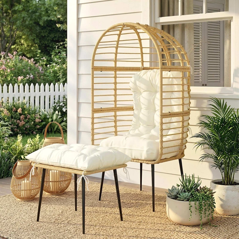 Outsunny Gartensessel mit Hocker PE Rattan Ei-Form Korbsessel mit langen & dicken Kissen Metallrahmen Beige