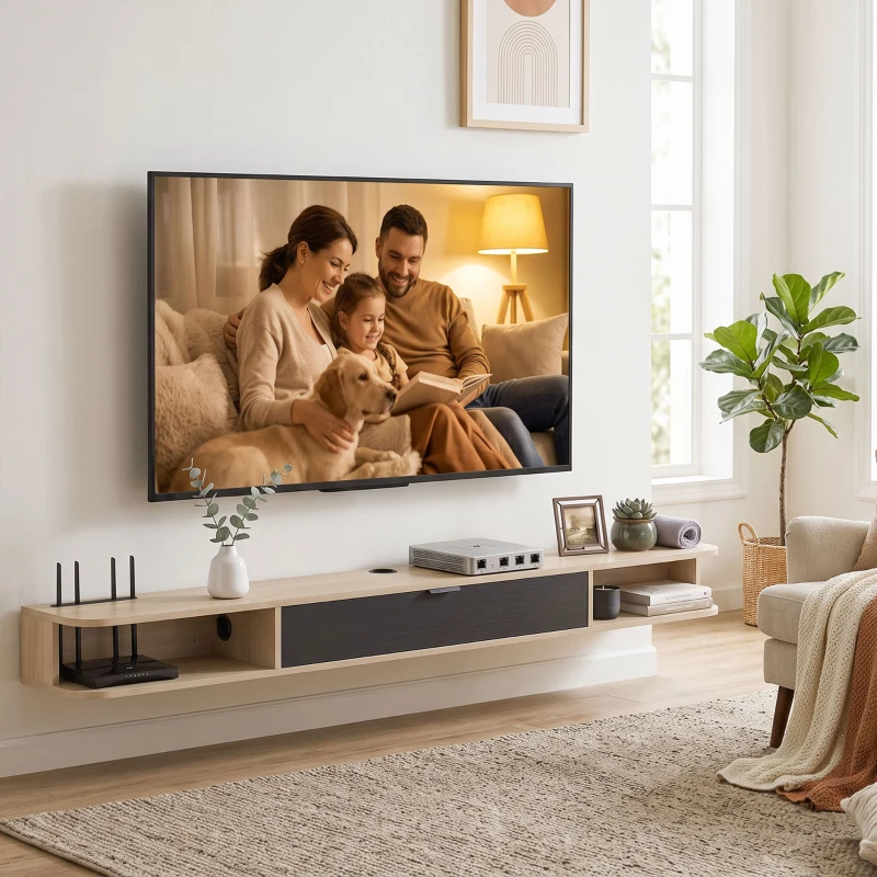 HOMCOM Wandhängendes TV‑Möbel, TV‑Möbel für Fernseher bis zu 190,5 cm, Klappschublade, 2 Regalböden 180x24x16cm natürliche Holzoptik