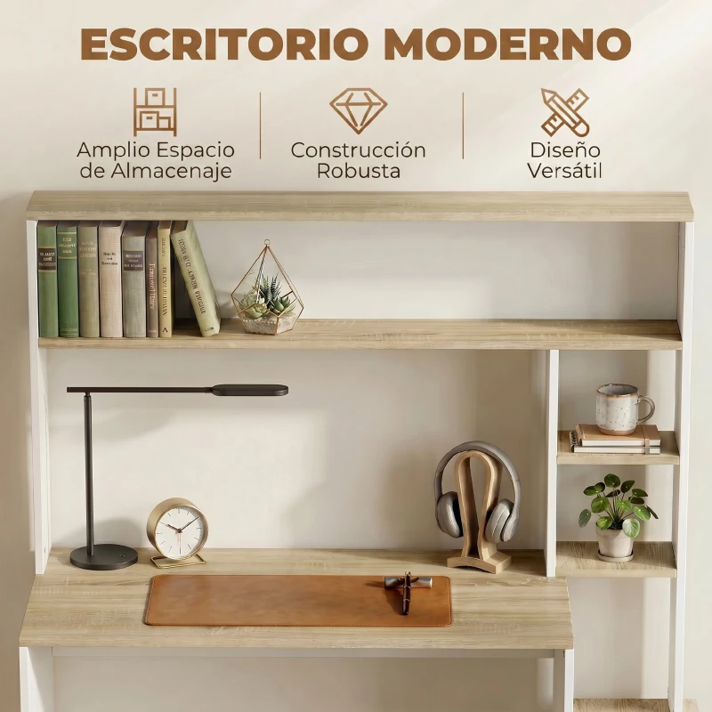 HOMCOM Mesa de Ordenador con Estantes Escritorio con Estanterías Soporte para Monitor CPU 114x45x138 cm Blanco y Natural