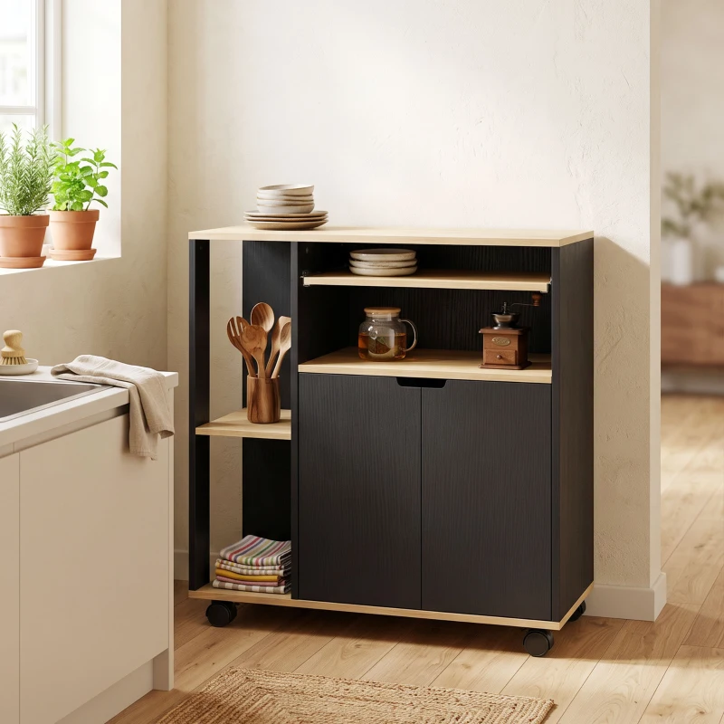 HOMCOM Carrello da cucina su ruote con armadietto e ripiani regolabili, nero