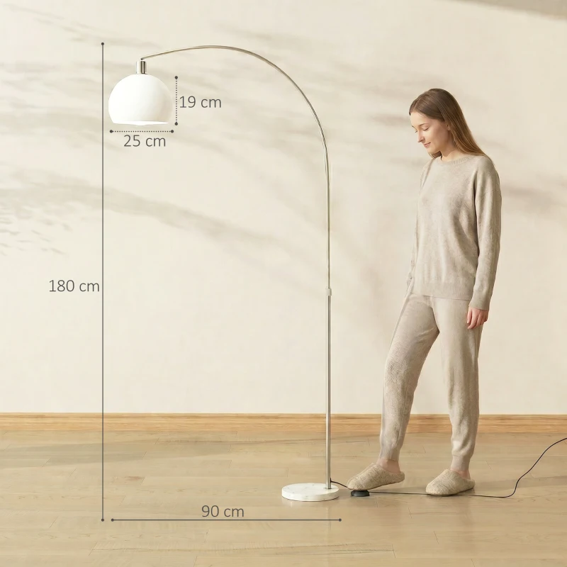 HOMCOM Lampada da terra curva con interruttore a pedale e base in marmo, bianco