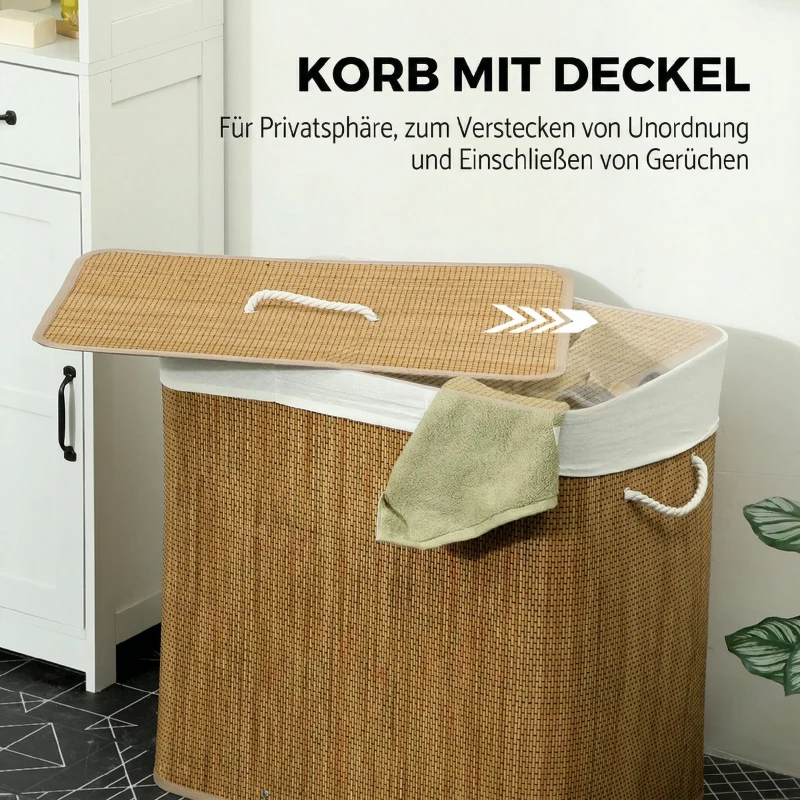 HOMCOM Bambus Wäschekorb mit Deckel 3 Fächer 144L Wäschesammler mit Seilgriffen, herausnehmbarer Wäschesack