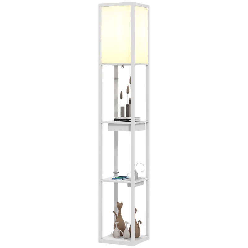HOMCOM Lampada da terra con 3 ripiani, porte USB e interruttore a pedale, bianco