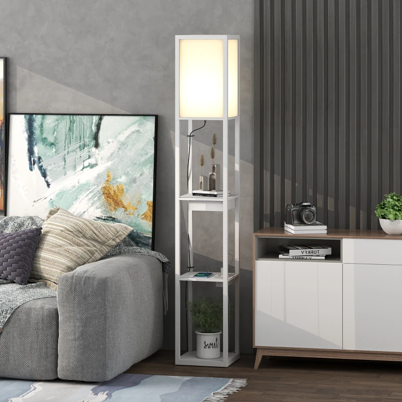 HOMCOM Lampada da terra con 3 ripiani, porte USB e interruttore a pedale, bianco
