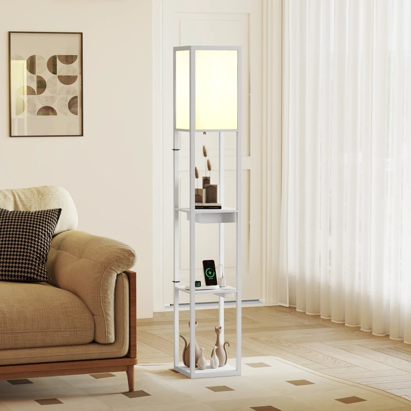 HOMCOM Lampada da terra con 3 ripiani, porte USB e interruttore a pedale, bianco
