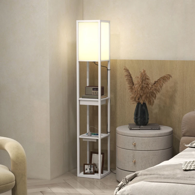 HOMCOM Lampada da terra con 3 ripiani, porte USB e interruttore a pedale, bianco