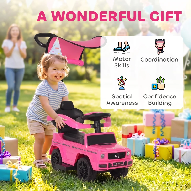 HOMCOM Porteur Enfants Voiture Enfant Multi-équipée 12-36 Mois klaxon Marche-Pieds, Garde-Corps et ombrelle Rose