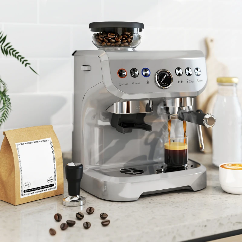 HOMCOM 15 Bar Coffee Machine with 15 Adjustable Grind Setting, Steamer and Complete Kit - Silver Colour
