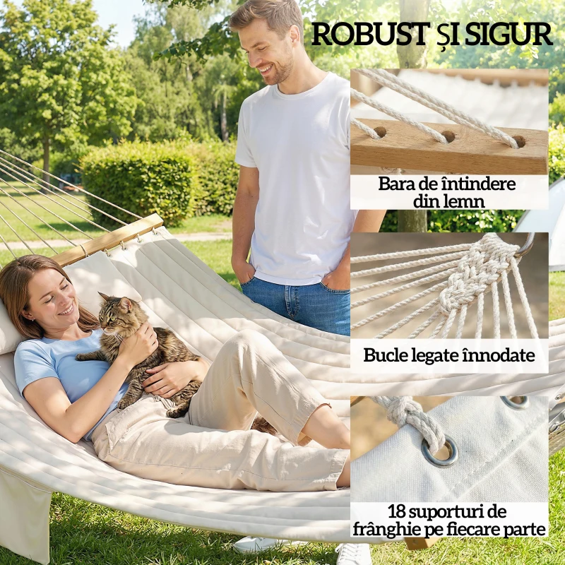 Outsunny Hamac Gradina Suspendat, Material Căptușit cu Pernă și Buzunar, 200 kg, 325x140x2,5  cm, Crem