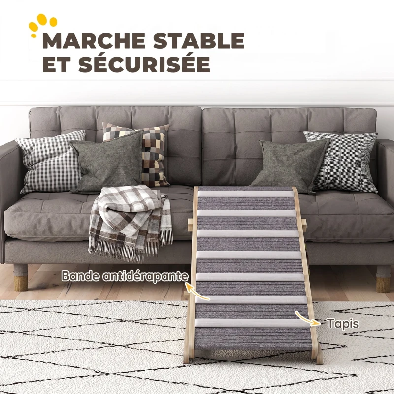 PawHut Rampe pour Chien en Bois avec Tapis Antidérapants, 4 Hauteurs Réglables de 35-50 cm, 100x50x50cm, Bois Naturel et Gris