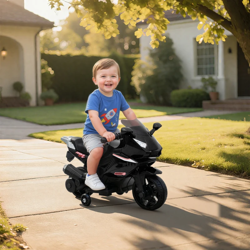 AIYAPLAY Elektro-Motorrad für Kinder, Hupe, Scheinwerfer, Musikfunktion, 2,5 km/h, Schwarz