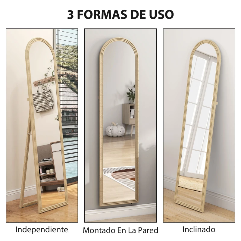 HOMCOM Espejo de Pie Cuerpo Entero con Marco Efecto Piedra Espejo de Pared con 2 Formas de Uso Arqueado 40x3,7x160 cm Beige