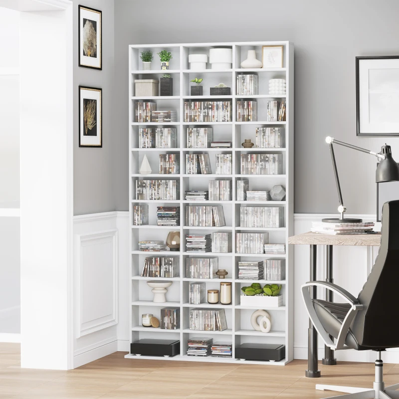 HOMCOM Bibliotecă pentru CD-uri din lemn cu 3 coloane și 12 rafturi reglabile, 102x23,5x195 cm, alb