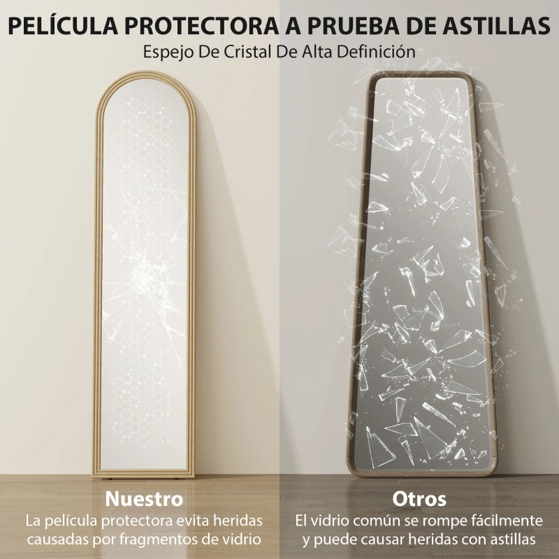 HOMCOM Espejo de Pie Cuerpo Entero con Marco Efecto Piedra Espejo de Pared con 2 Formas de Uso Arqueado 40x3,7x160 cm Beige