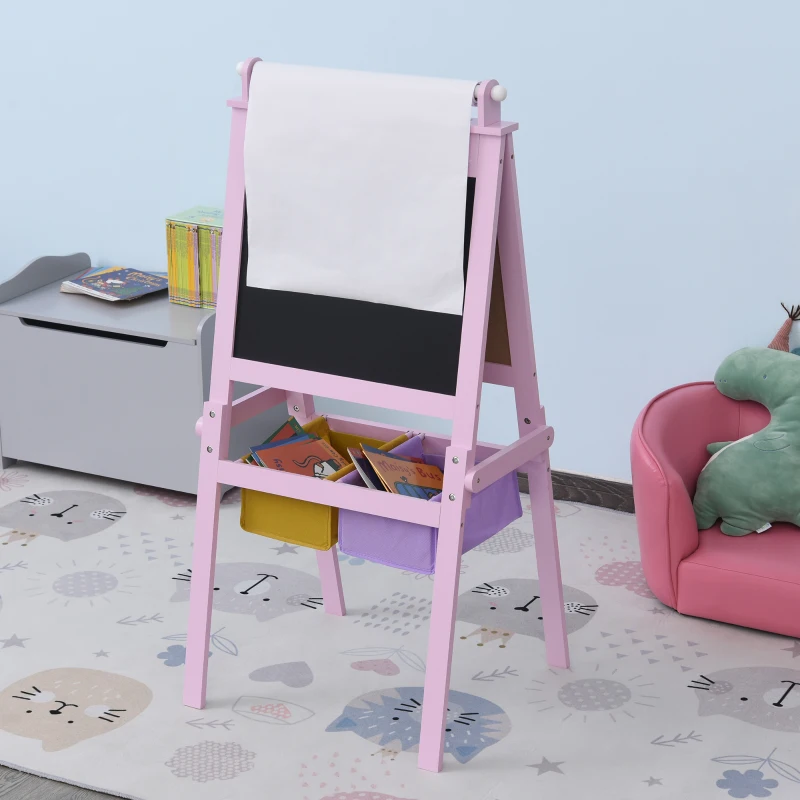 HOMCOM Lavagnetta per Bambini in Legno Rosa con Cavalletto 3 in 1: Lavagna Bianca, Nera e con Rullo Fogli di Carta