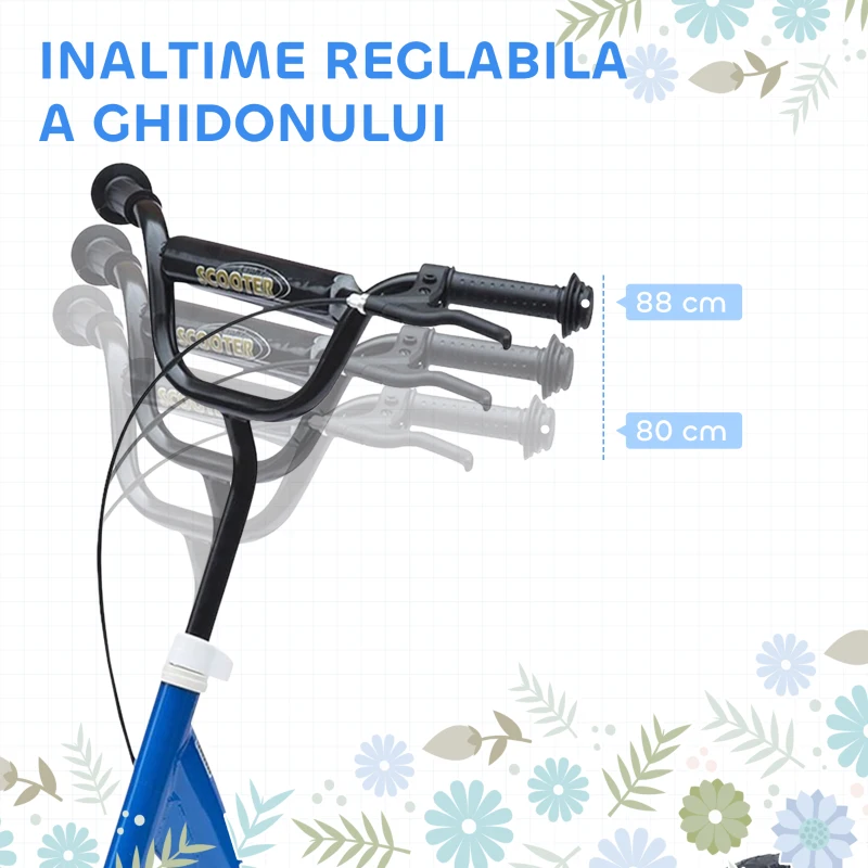 HOMCOM Trotinetă pentru Copii 5-12 Ani cu Frână Posterioară și Ghidon Reglabil, 120x52x80-88 cm, Albastru
