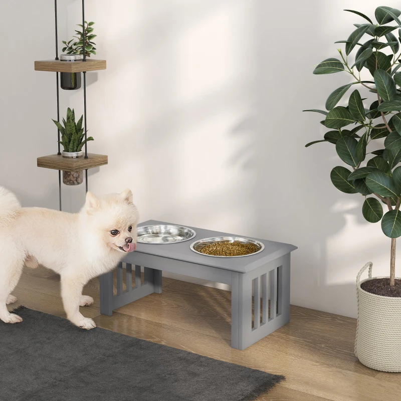 PawHut Honden Voederstation met 2 Roestvrijstalen Bakken, Antislip, 58,4x30,5x25,4cm, Grijs