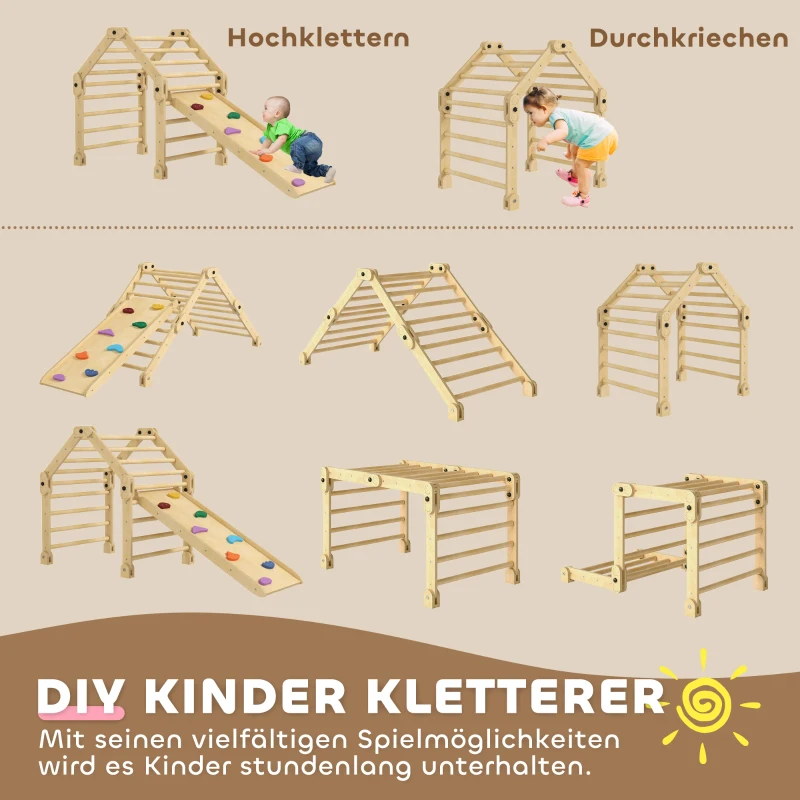 AIYAPLAY 3-in-1 Klimrek, opvouwbaar, Ladder & Glijbaan/Klimmuur, Hout, voor Kinderen van 1,5-4 Jaar(m-5)