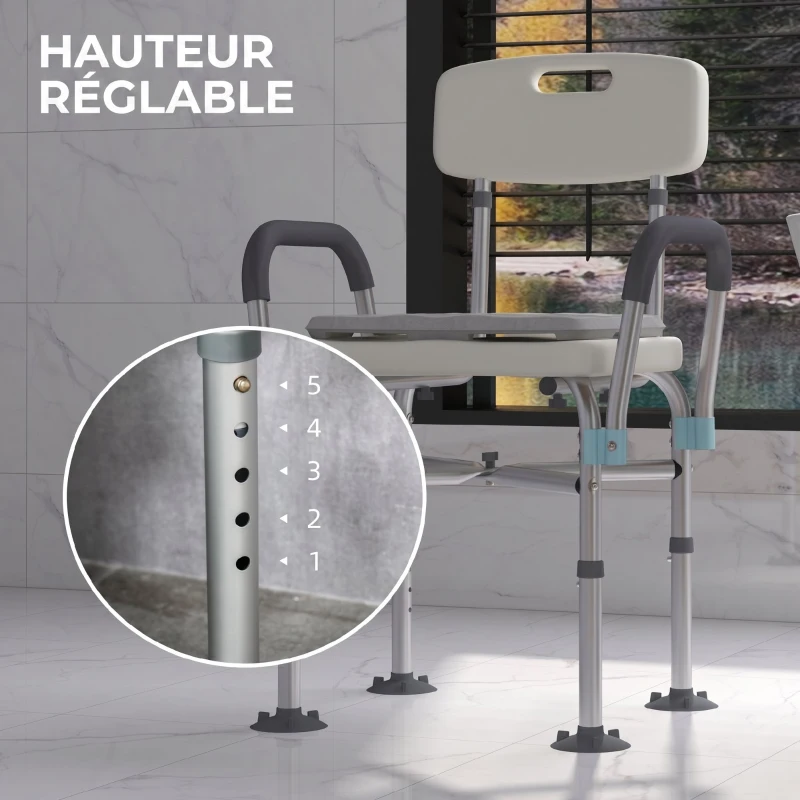 HOMCOM Tabouret de Douche Réglable en Hauteur à 5 Niveaux, Chaise de Douche, Accoudoirs Rembourrés et Coussin Amovible, Gris
