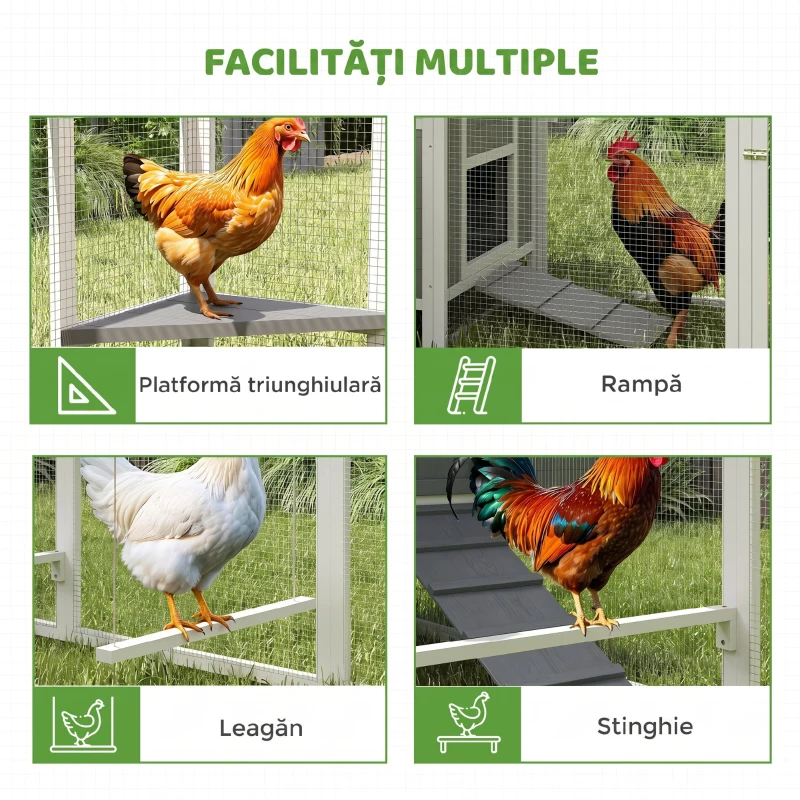 PawHut Coteț mare pentru 7-10 găini, bățuri de cocoțat, leagăn, fereastră, cuiburi, plasă metalică, gri