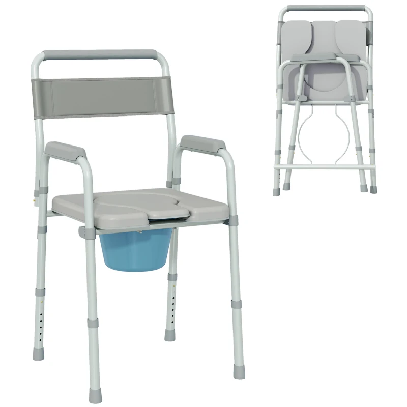 HOMCOM Chaise percée toilette pliable antidérapante hauteur réglable, siège et accoudoirs rembourrés, charge 150 kg, Gris