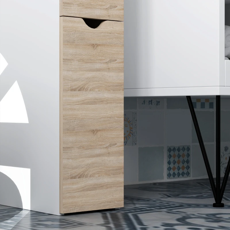 HOMCOM Columna de Baño Moderno Mueble Auxiliar de Baño con 2 Estantes 2 Cajones y 1 Puerta Antivuelco 15x33x136,8 cm Natural