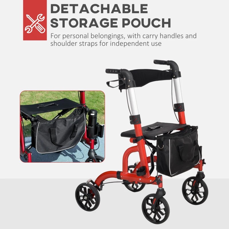 HOMCOM Lightweight Walking Frame, Folding Rollator Walker with Seat and Backrest, Red