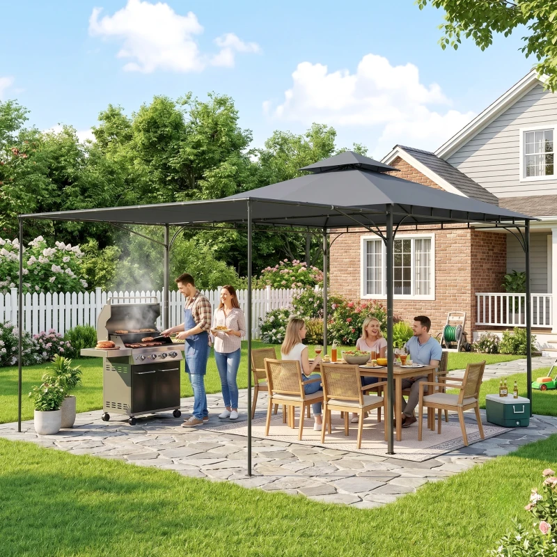 Outsunny Pavillon 3,2x3,2 m Stabil Winterfest Gartenpavillon mit ausziehbaren Dachüberstand, Doppeldach Dunkelgrau
