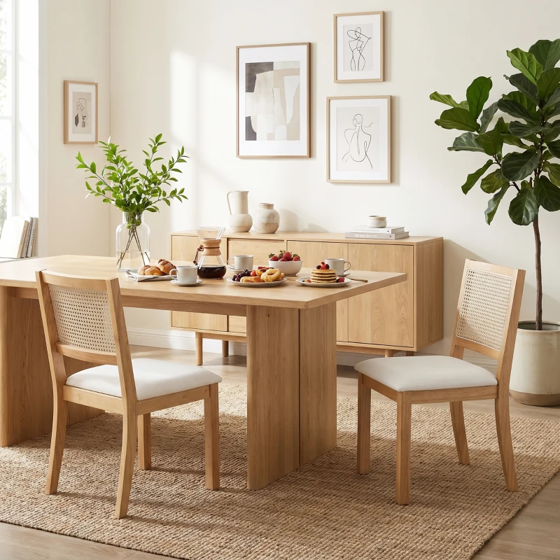 HOMCOM Lot de 2 chaises de salle à manger, chaises de cuisine avec assise rembourrée, dossier effet rotin, crème et chêne