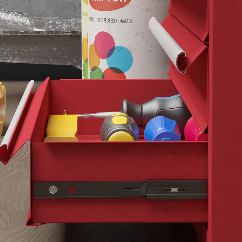 DURHAND Cassetta Porta Attrezzi in Acciaio con 4 Cassetti, Vassoio Superiore a Doppia Serratura, 51x22x39.5 cm, Rosso
