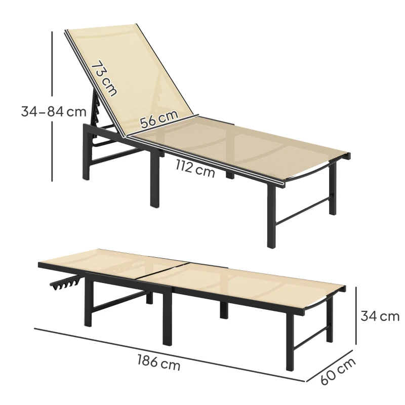 Outsunny Tumbona Reclinable de Jardín Exterior con Respaldo Ajustable en 4 Posiciones y Marco de Acero 166x60x84 cm Caqui