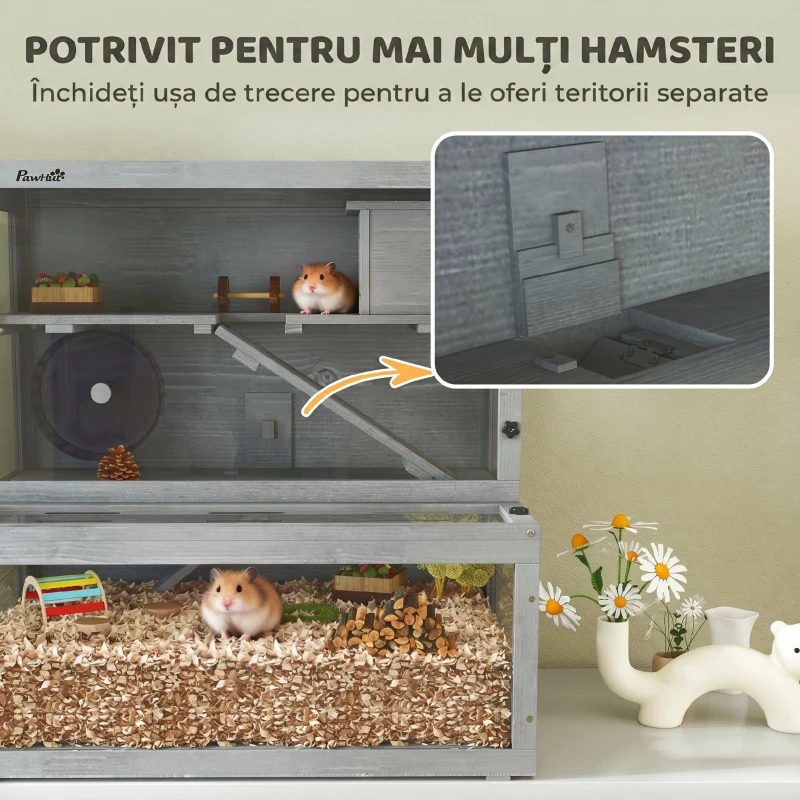 PawHut Cușcă pentru Hamster din Lemn, 3 Niveluri cu Căsuță, Roată, Rampe, Panou Transparent, Spații Separate, 80x50x84cm, Gri