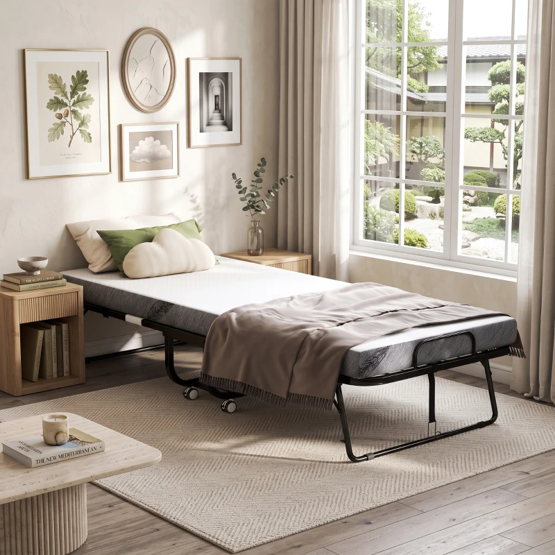 HOMCOM Logeerbed, Klapbed, Reisbed met Wielen, Matras, Staal, Wit+Zwart
