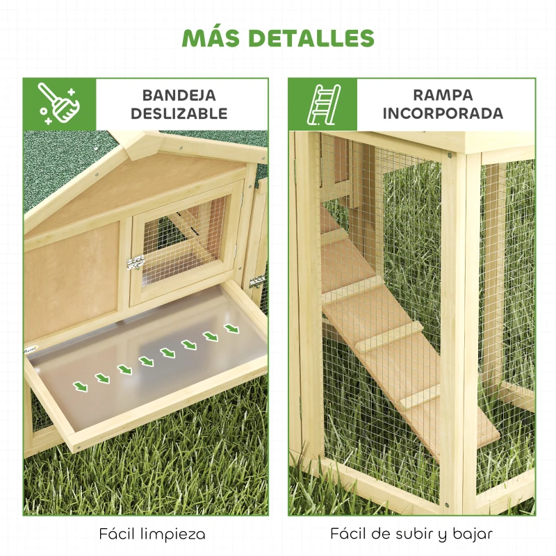 PawHut Gallinero para Exterior Grande de Madera 204x85x93 cm con Caja de Anidación Corral Bandeja Extraíble y Percha Natural