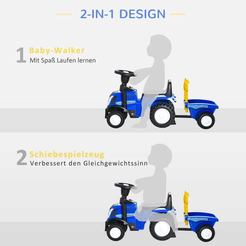 HOMCOM kinderloopauto NEW HOLLAND loopauto kinderauto kinderauto oldtimer loophulp met claxon kunststof metaal blauw 91 x 29 x 44 cm
