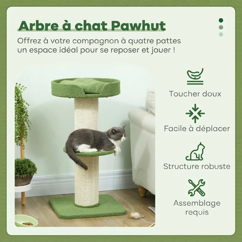 PawHut Arbre à Chat avec Griffoir, Centre d'Activités, Plateformes, Coussin, 45 x 45 x 91 cm, Vert et Beige
