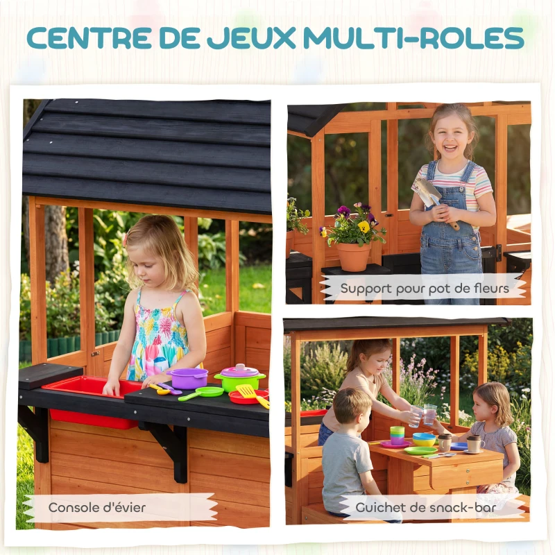 AIYAPLAY Cabane enfant extérieur en bois maison enfant extérieure table bancs évier porte fenêtre supports de fleurs marron