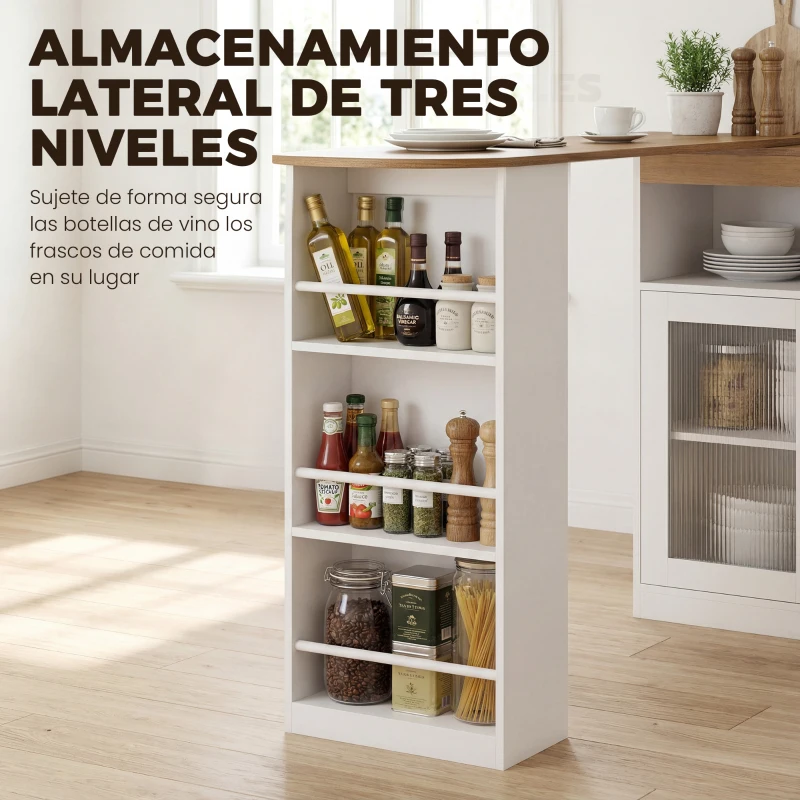 HOMCOM Mesa de Bar Extensible y Giratoria 90° con Estantes Abiertos y 2 Puertas de Vidrio 150x80x105,5 cm Blanco y Natural