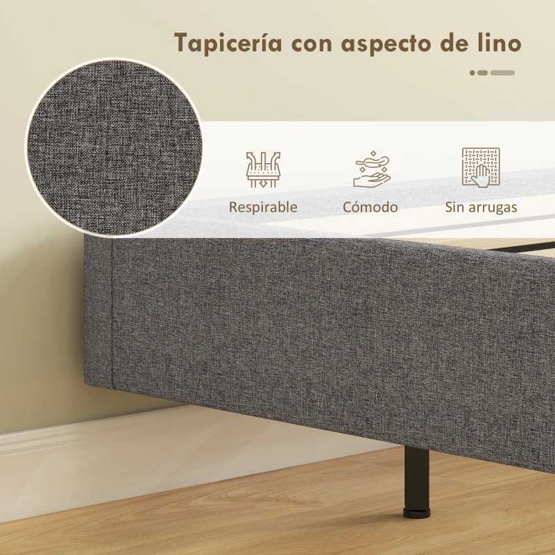HOMCOM Somier 140x190 cm con Luces LED Estructura de Cama Tapizado en Lino Láminas de Madera Fácil de Montar Gris