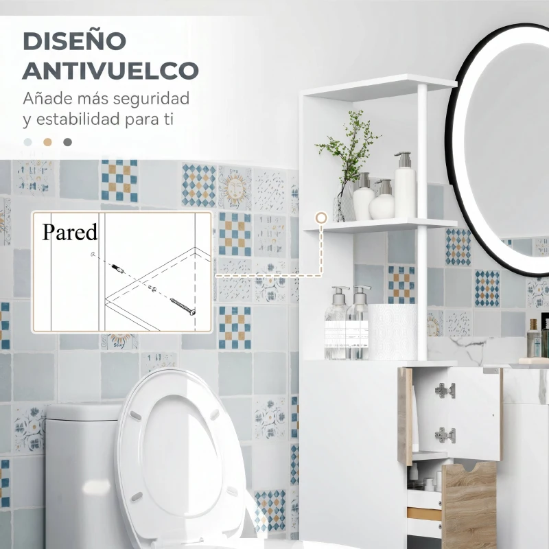 HOMCOM Columna de Baño Moderno Mueble Auxiliar de Baño con 2 Estantes 2 Cajones y 1 Puerta Antivuelco 15x33x136,8 cm Natural