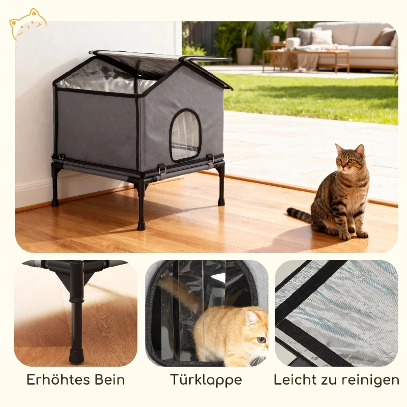 PawHut Katzenhaus klappbar Katzenhütte mit Kissen, Erhöhtes wasserabweisend Katzenhöhle 62 x 58,5 x 60 cm, Grau