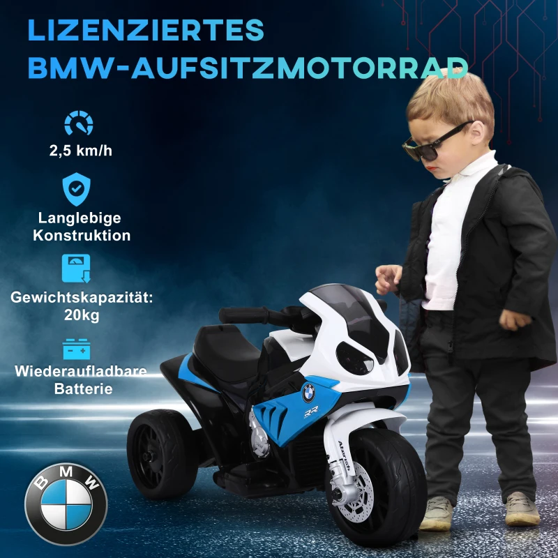 HOMCOM Elektryczny motocykl dla dzieci BMW S1000RR 6V z reflektorem i muzyką 2,5 km/h dla dzieci 18–36 miesięcy Niebieski