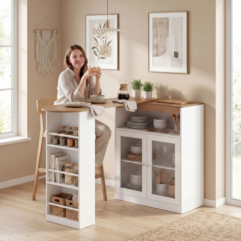 HOMCOM Mesa de Bar Extensible y Giratoria 90° con Estantes Abiertos y 2 Puertas de Vidrio 150x80x105,5 cm Blanco y Natural