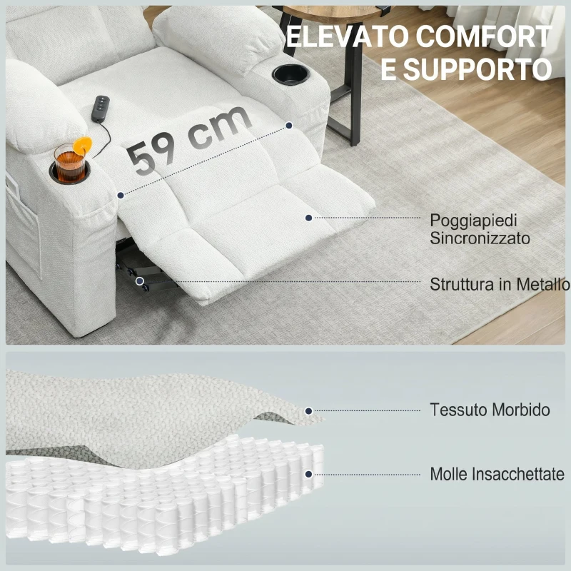HOMCOM Poltrona Relax Elettrica Reclinabile 150° con Poggiapiedi, Funzione Memory, Telecomando, in Velluto, Crema